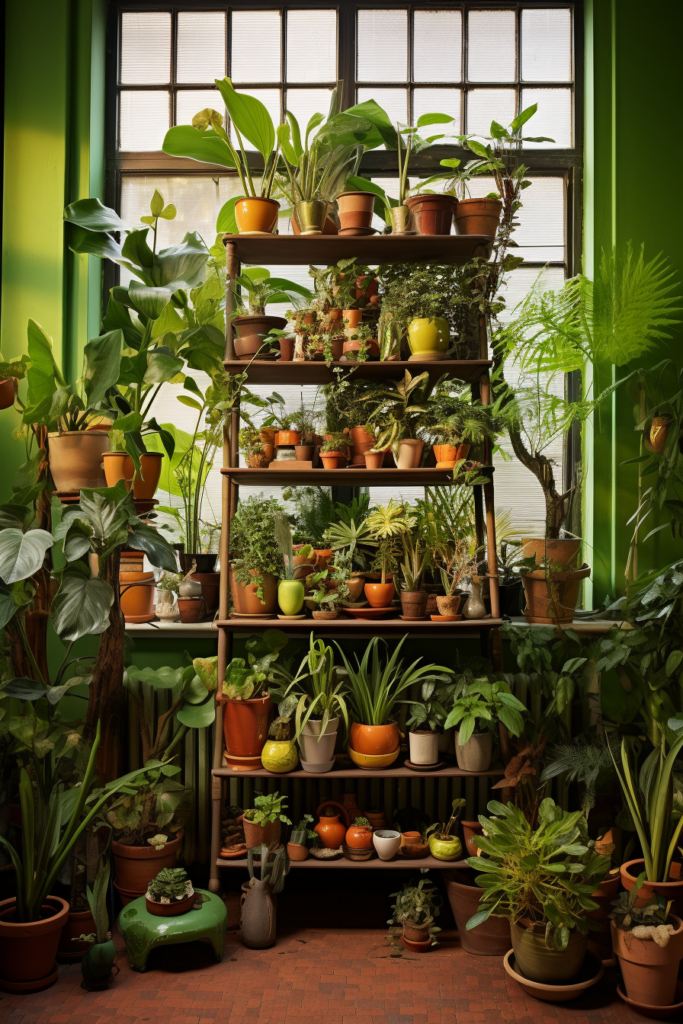 A room filled with a hanging garden of potted plants, creating a layered display.