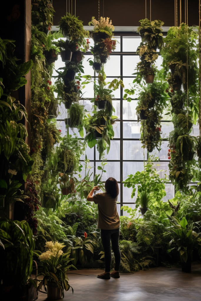 A woman creating a hanging garden in front of a large window with plants layering from it.