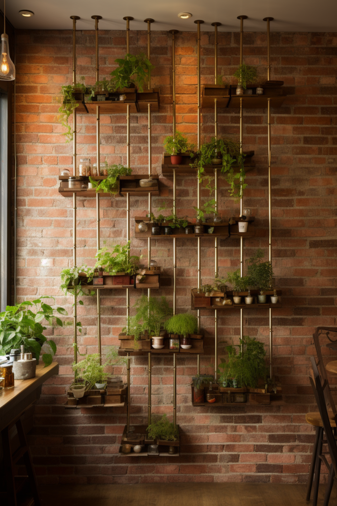 A brick wall transformed into a hanging garden through layering of abundant plants.