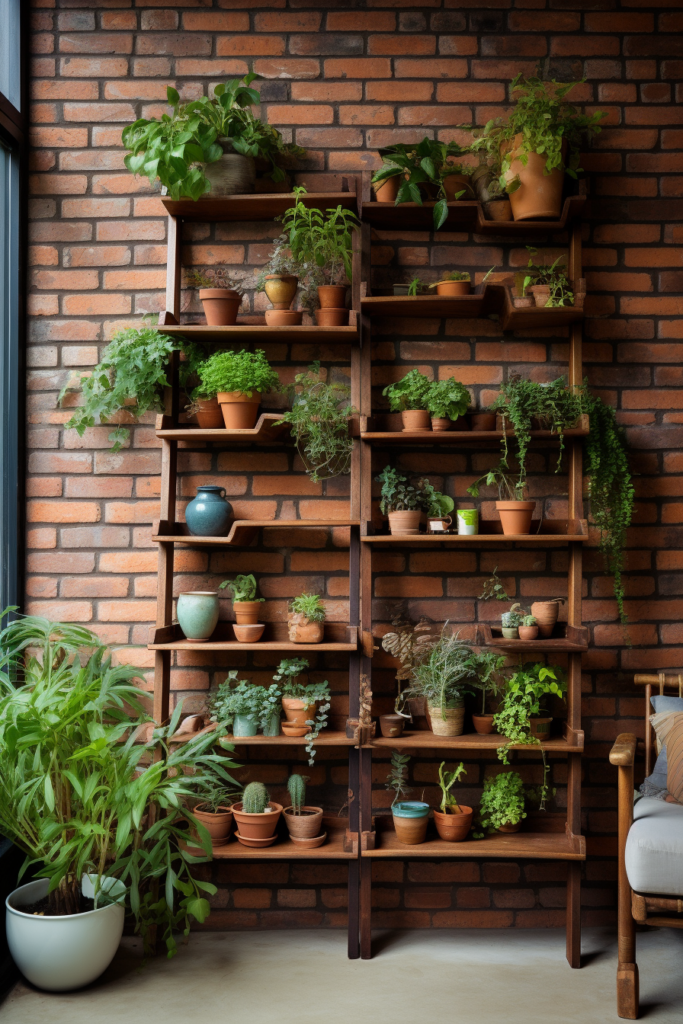 Creating a hanging garden with potted plants layered on a wooden shelf in front of a brick wall.