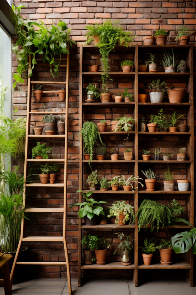 A hanging garden of potted plants is displayed on a wooden shelf, creating a vibrant and natural ambiance in a rustic room with a brick wall.