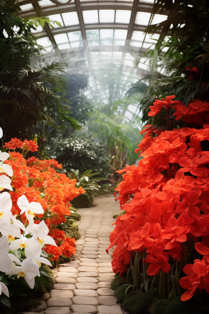 A hanging garden of red and white flowers in a greenhouse.