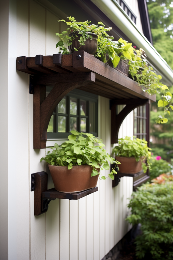 Creating a hanging garden with potted plants layered on a wooden shelf attached to the side of a house.