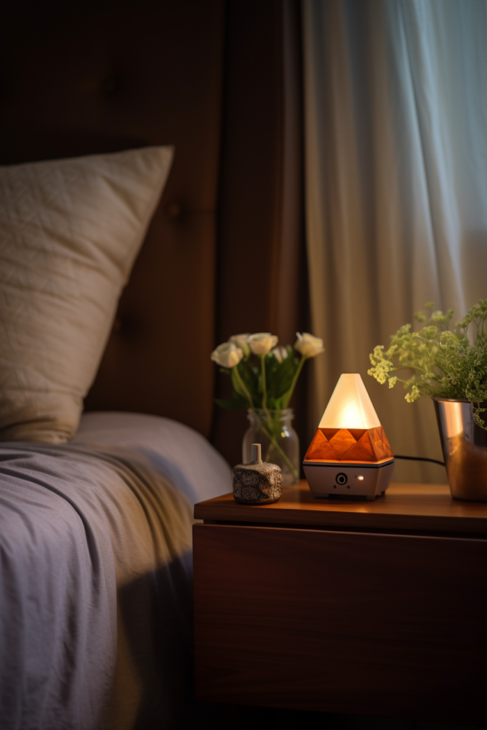 An aesthetic bedside table in a bedroom, providing a sanctuary-like ambiance with a delicate lamp.