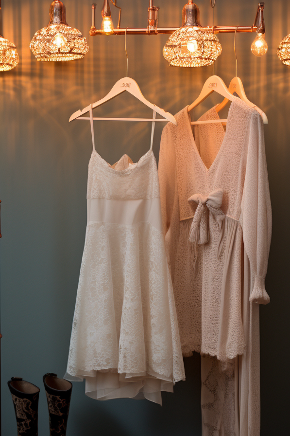 A dress elegantly hangs on a copper pipe rack, adding a touch of serene bliss to the aesthetic bedroom retreat.