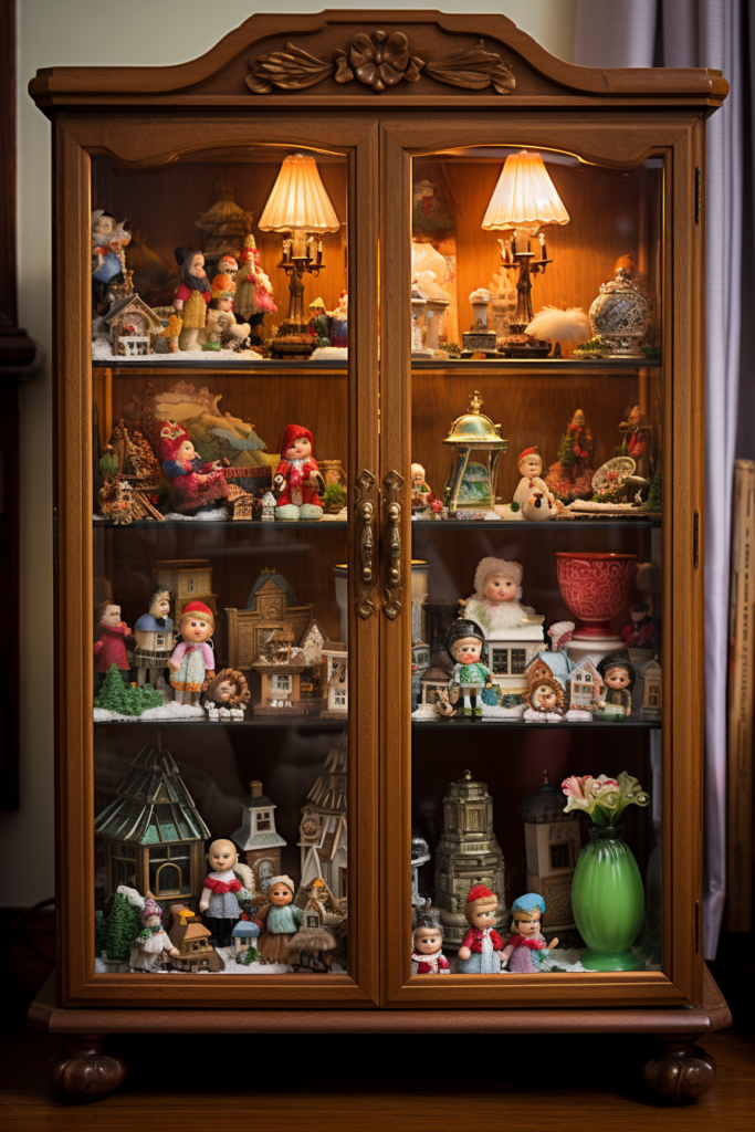 Creating an aesthetic bedroom idea with a wooden display case filled with figurines.