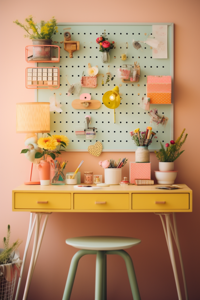A desk with a peg board filled with inspiring quotes and vibrant flowers creating a dream sanctuary for creative minds.