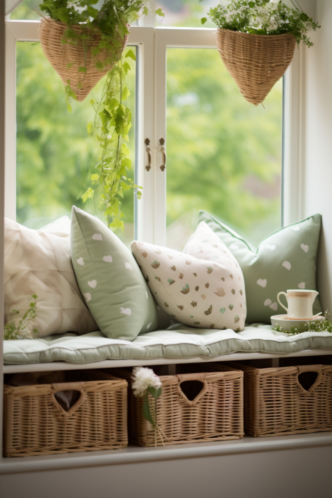 Creating a dream sanctuary with wicker baskets and pillows on a window seat.