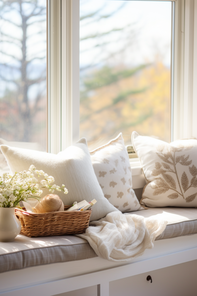 Creating a dream sanctuary with a window seat adorned with pillows and a basket of flowers.