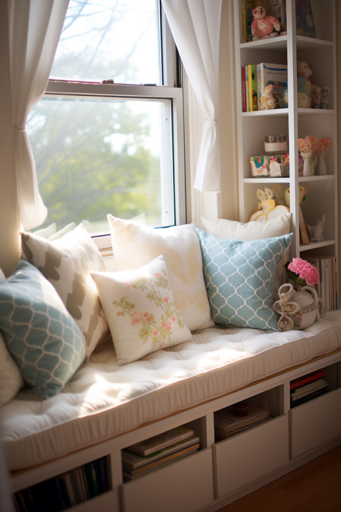 Creating a cozy retreat in a room with bookshelves, complete with a window seat for ultimate relaxation.