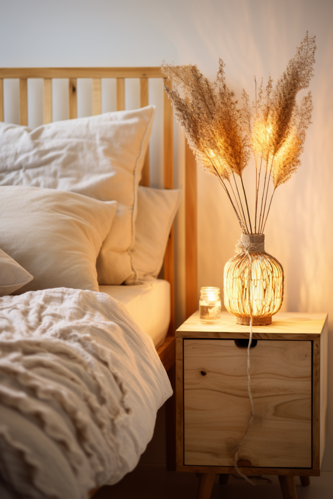Create the perfect aesthetic bedroom with a blissful retreat featuring a bedside table adorned with a lamp and a vase of dried grasses, transforming your space into a sanctuary.