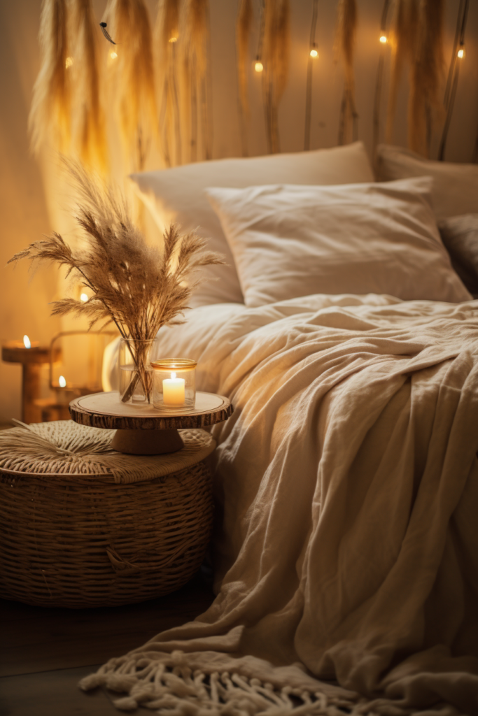Transform your bedroom into a blissful retreat with the addition of a dreamy bed adorned with flickering candles and accompanied by a wicker basket for added charm.