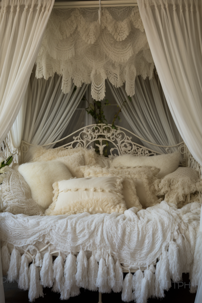 A dream sanctuary with a white canopy bed adorned with tassels and pillows.