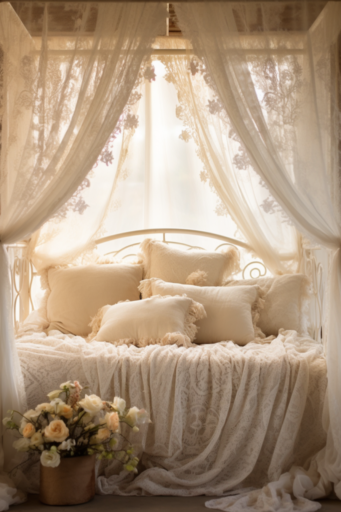 A blissful retreat featuring a white canopy bed adorned with pillows and flowers, serving as an aesthetic bedroom sanctuary.