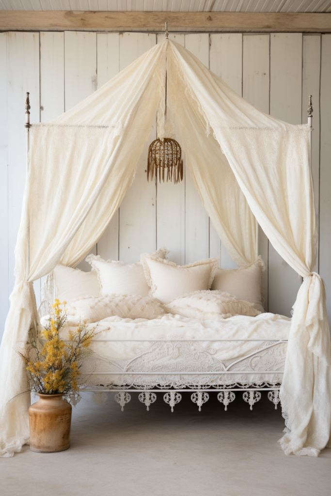 Creating a dream sanctuary with a white canopy bed adorned with pillows and flowers.