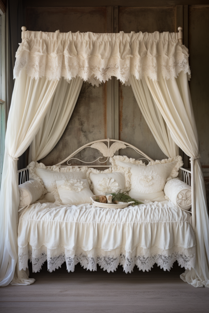 Creating a dream sanctuary with an aesthetic bedroom idea, featuring a white canopy bed adorned with lace curtains.