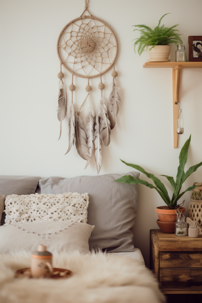 Creating an aesthetic dream sanctuary with a dream catcher hanging on the wall.
