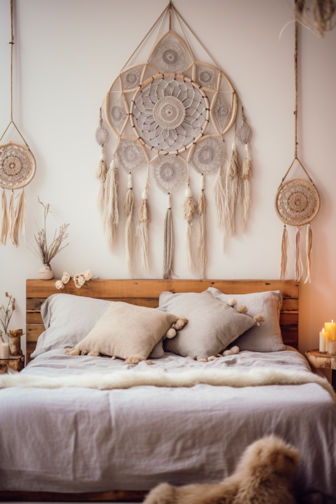 Create a blissful retreat in your bedroom with the addition of a dream catcher hanging above the bed. This aesthetic bedroom idea will transform your space into a sanctuary of tranquility and serenity.
