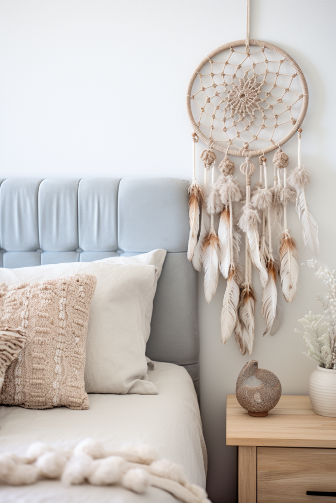 A blissful retreat with a dream catcher hanging on the wall, offering aesthetic bedroom ideas.