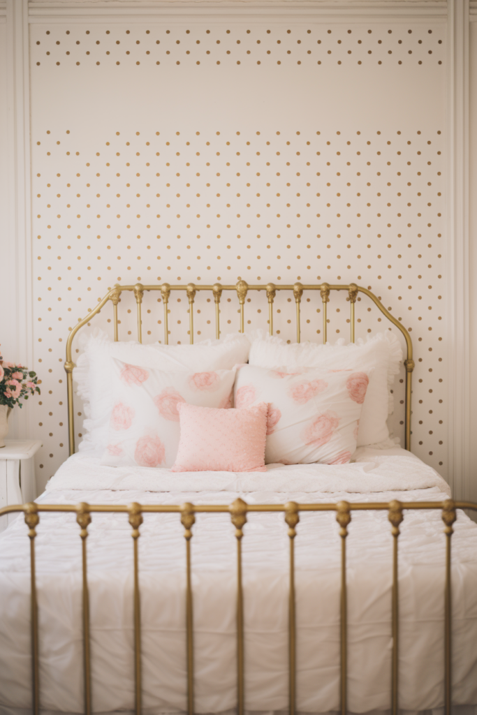 Creating an aesthetic bedroom retreat with a bed featuring a gold headboard and pink pillows.