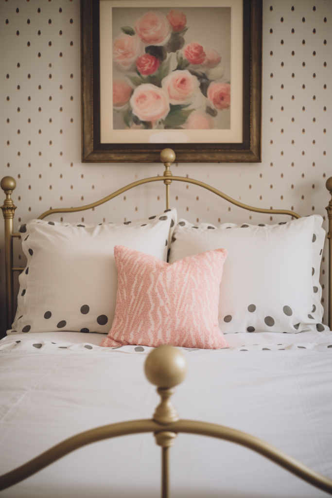Creating a dream sanctuary with polka dot pillows and an inspiring painting on the wall.