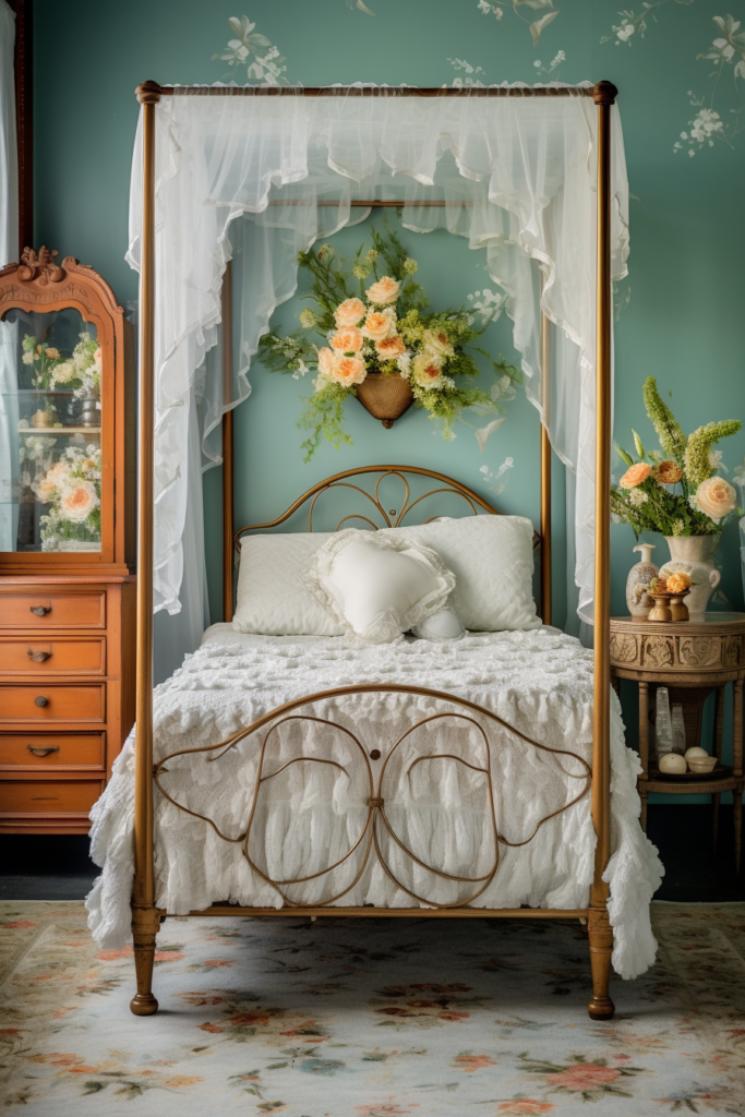 A blissful retreat with a canopy bed and floral wallpaper.