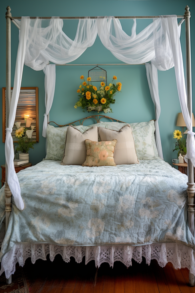 Creating a dream sanctuary in an aesthetic bedroom with a four poster bed against blue walls.