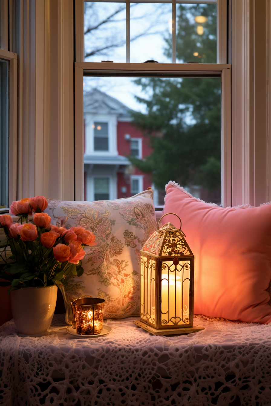 Create a dream sanctuary with an aesthetic bedroom idea featuring a window sill adorned with a candle and flowers, providing a blissful retreat.