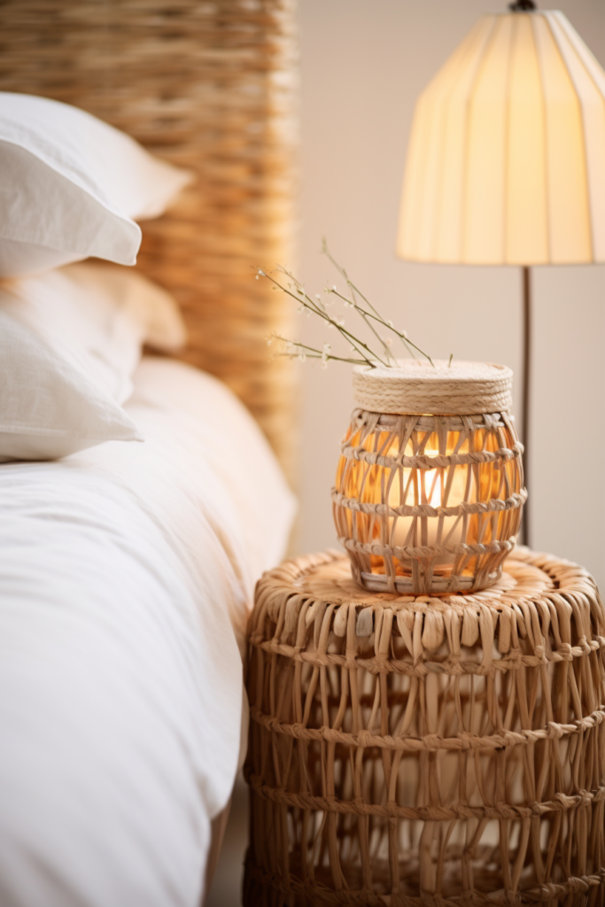 Creating an aesthetic bedroom with a wicker stool and a candle, transforming it into a dream sanctuary.