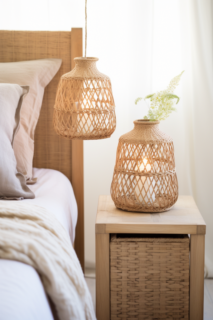 Two wicker lamps creating a blissful retreat in an aesthetic bedroom.