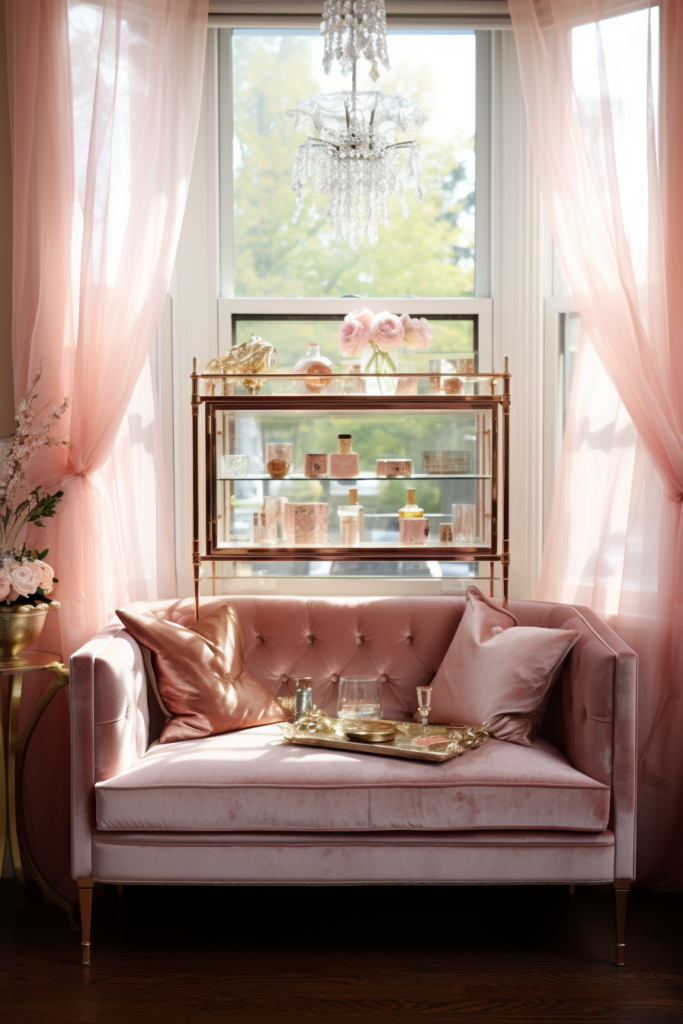 Aesthetic retreat featuring a pink velvet couch in front of a window, providing serene bedroom ideas.