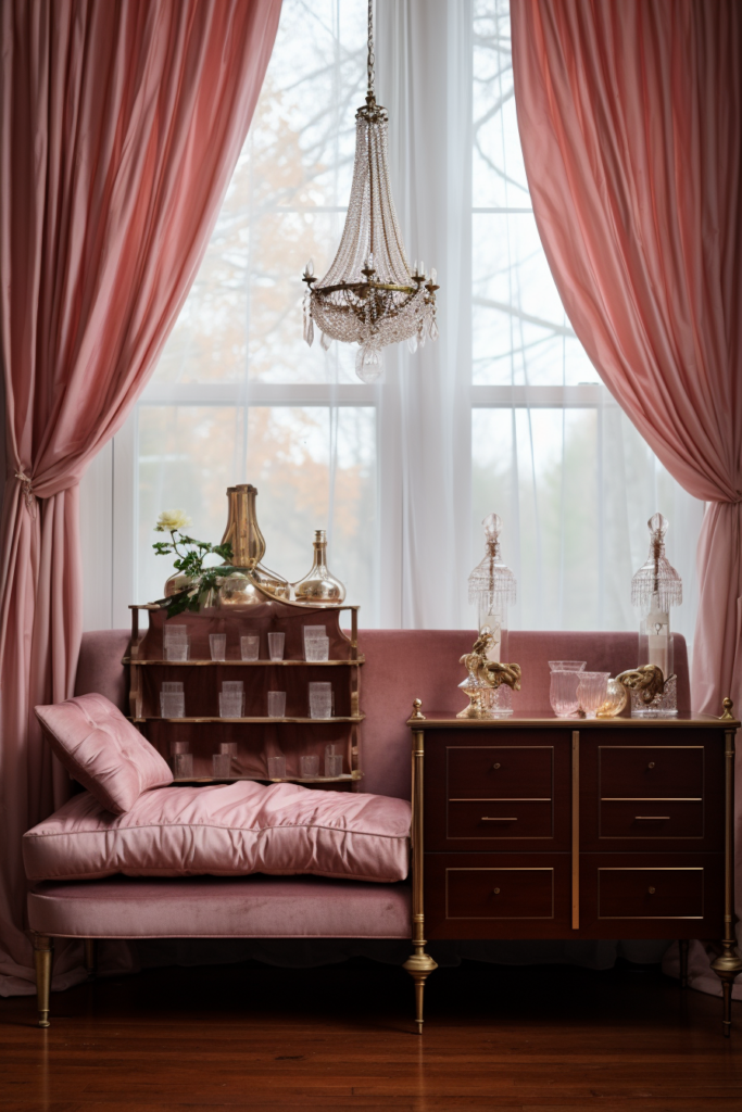 Creating an aesthetic bedroom idea, this dream sanctuary features a pink velvet couch placed in front of a window.
