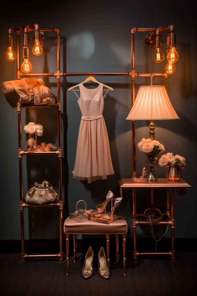 A dress hangs on a rack in a dream sanctuary, an aesthetic bedroom that serves as a blissful retreat.