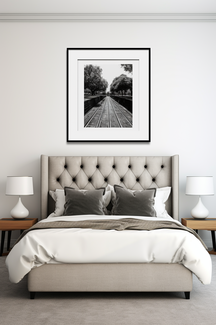 An inspiring black and white photo of a bed in a stylish bedroom.