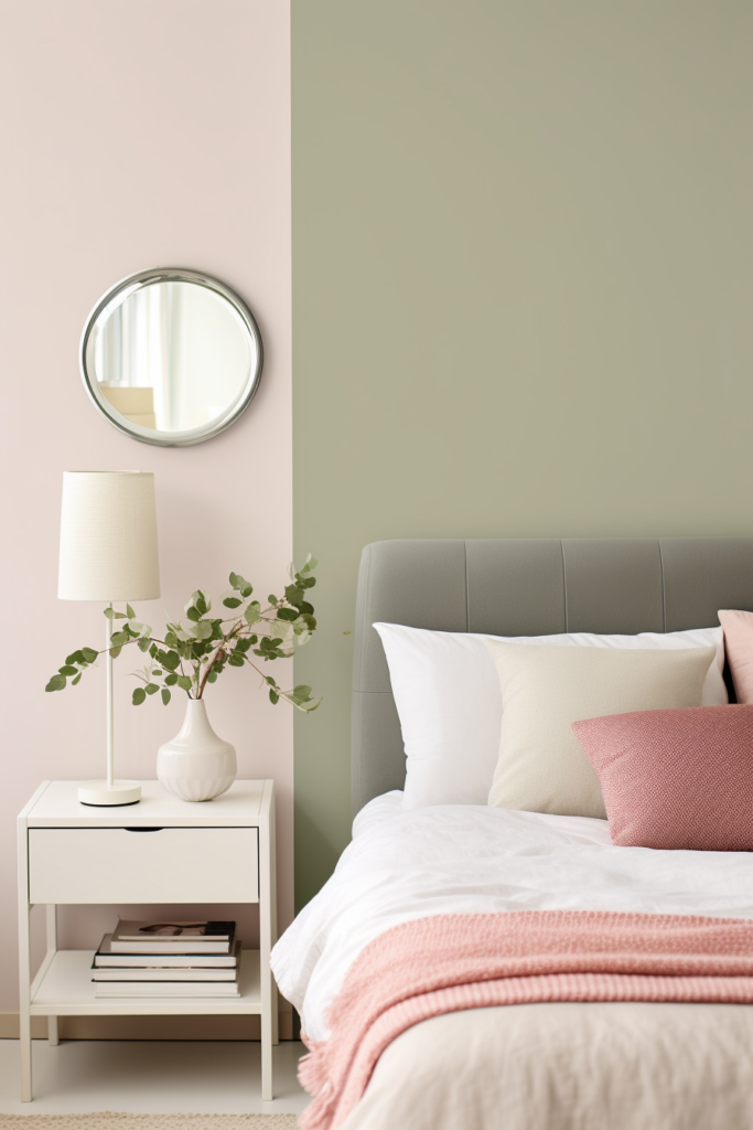 An aesthetic bedroom with pink and green room decor, featuring a bed and a mirror.