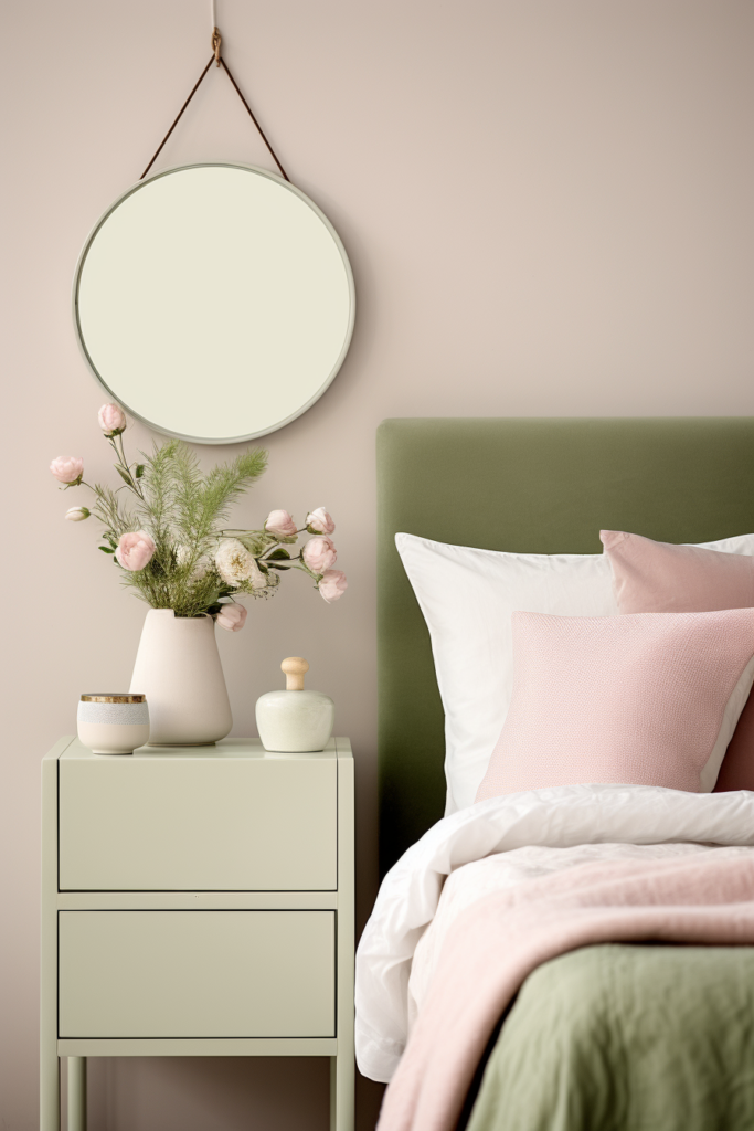 An aesthetic bedroom with a mirror on the wall, combining pink and green decor for stylish spaces.