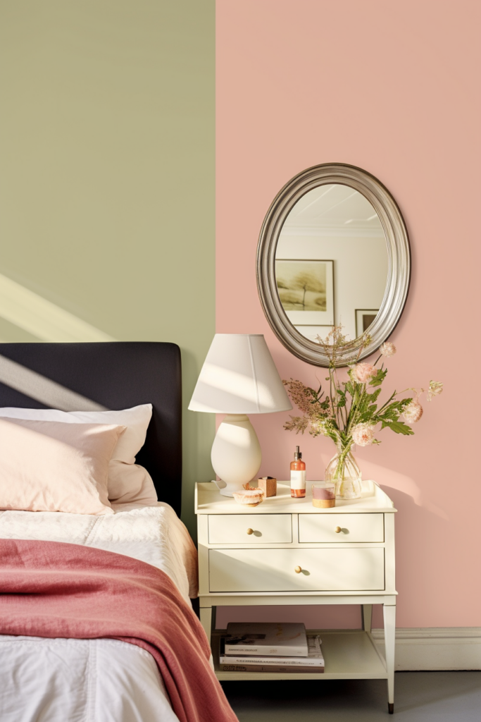A bedroom with stylish pink and green walls and a bed, perfect for aesthetic room decor inspo ideas.