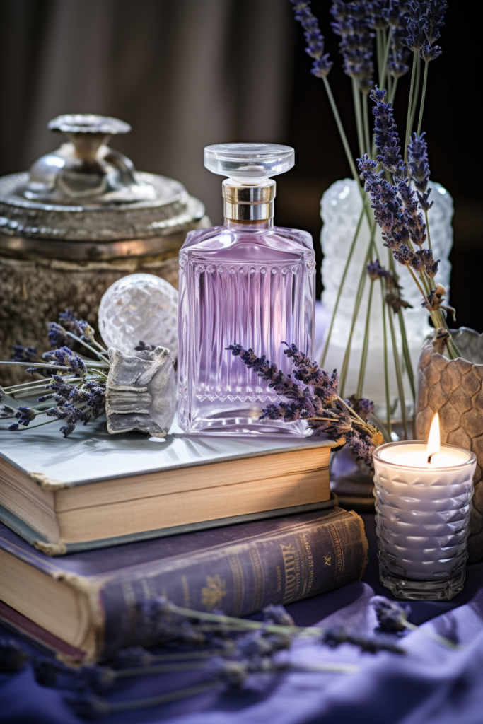 Aesthetic room decor featuring a bottle of lavender along with books and candles, offering inspo ideas.
