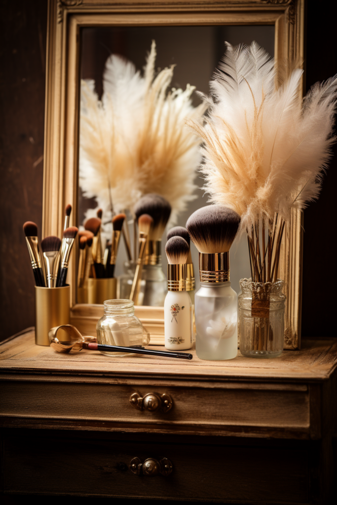 Get inspired with this aesthetic mirror, adorned with makeup brushes and feathers, a perfect addition to your room decor. Elevate your space with inspo ideas from this unique piece.