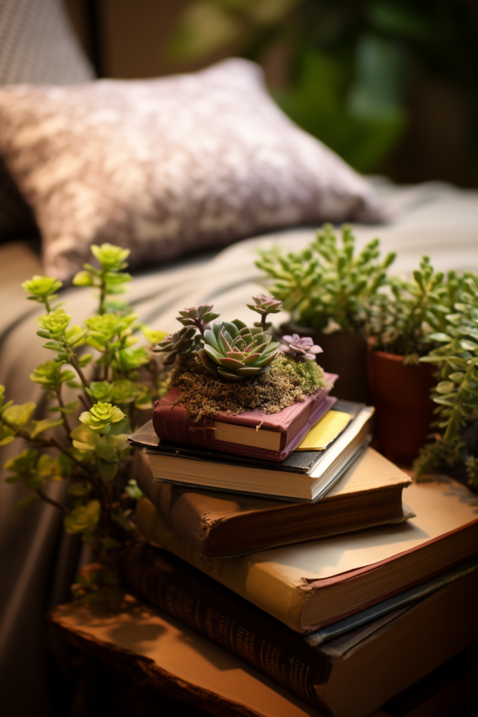 An aesthetically pleasing stack of books adorning a bed, providing room decor inspiration ideas.