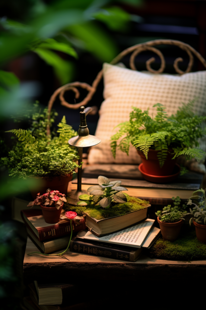 An aesthetic table with books and plants, perfect for inspiring ideas and serving as room decor.