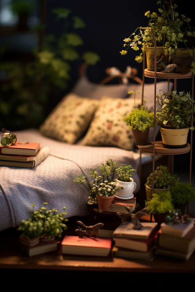 An aesthetically pleasing bed with books and plants, providing room decor inspiration and ideas.