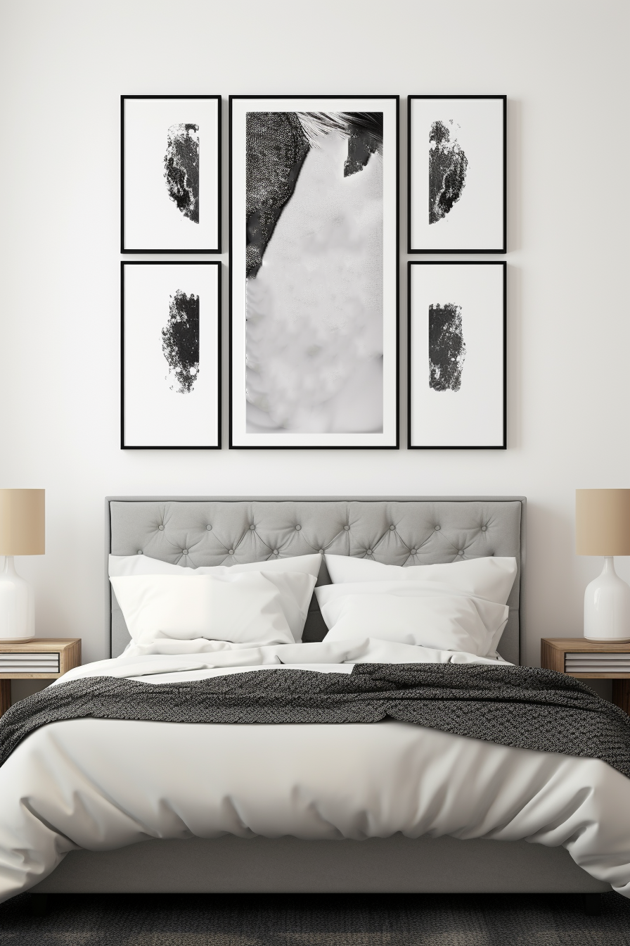 Stylish spaces: This bedroom features black and white framed pictures above the bed, adding a sleek and captivating element to the room decor.
