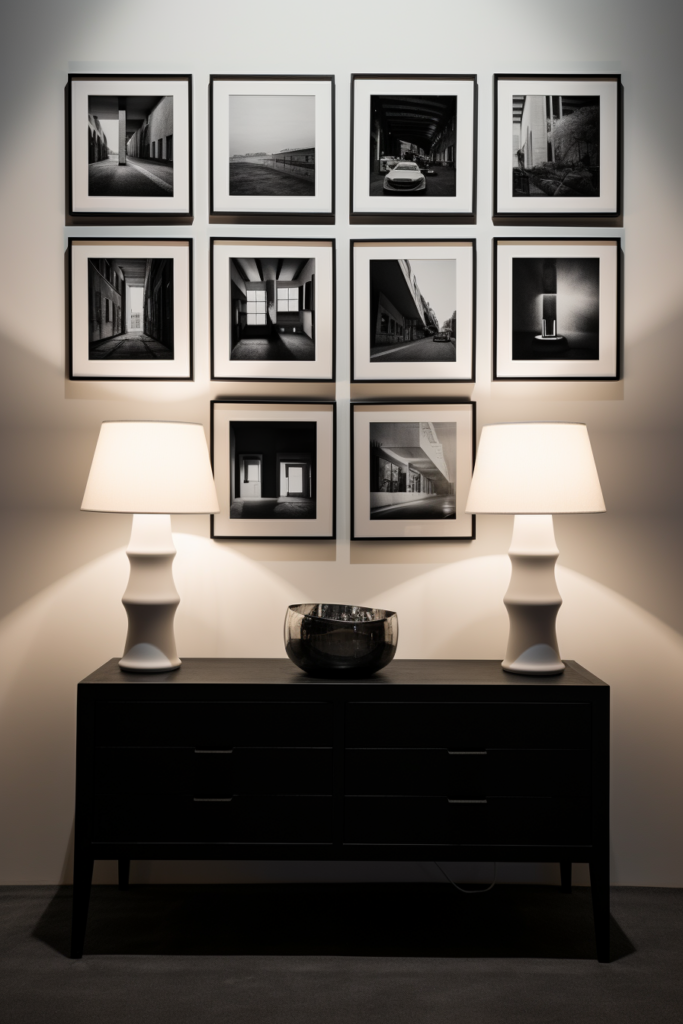 A black dresser adorned with framed photographs, adding to the stylish and aesthetic room decor.