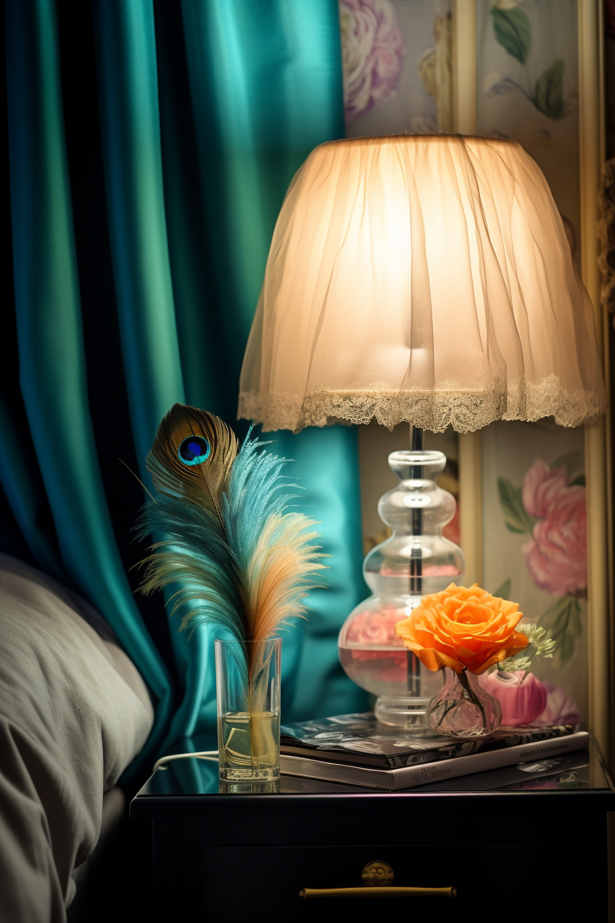 An aesthetically pleasing peacock feather placed elegantly on a table alongside a stylish lamp, providing inspiring room decor ideas.