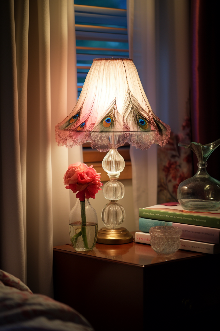 Aesthetic room decor inspiration: A lamp on a nightstand next to a window.