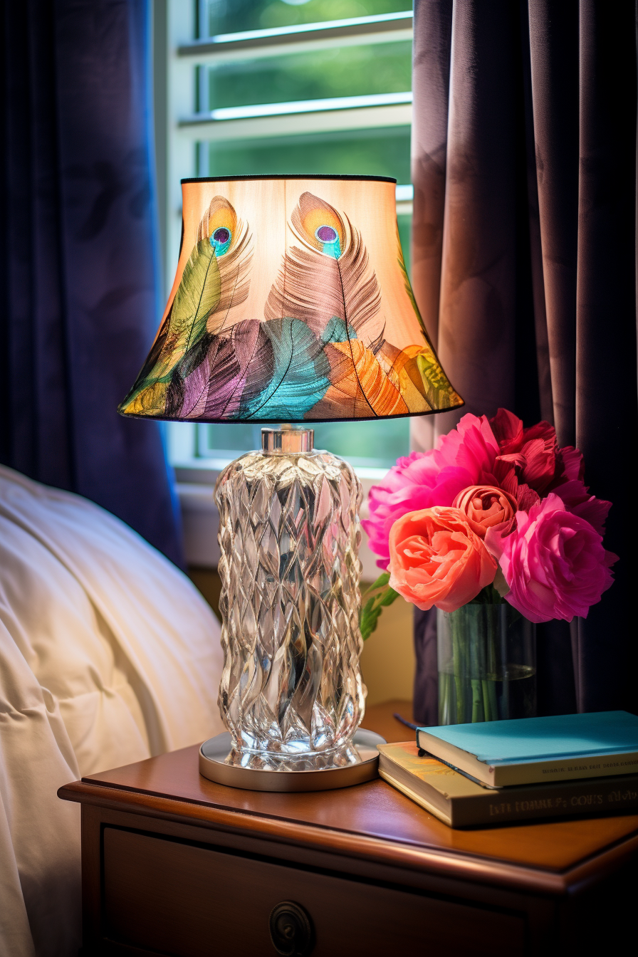 A stylish lamp illuminates a nightstand adorned with a vase of flowers, creating an aesthetic room decor that serves as inspo ideas for decorating spaces.