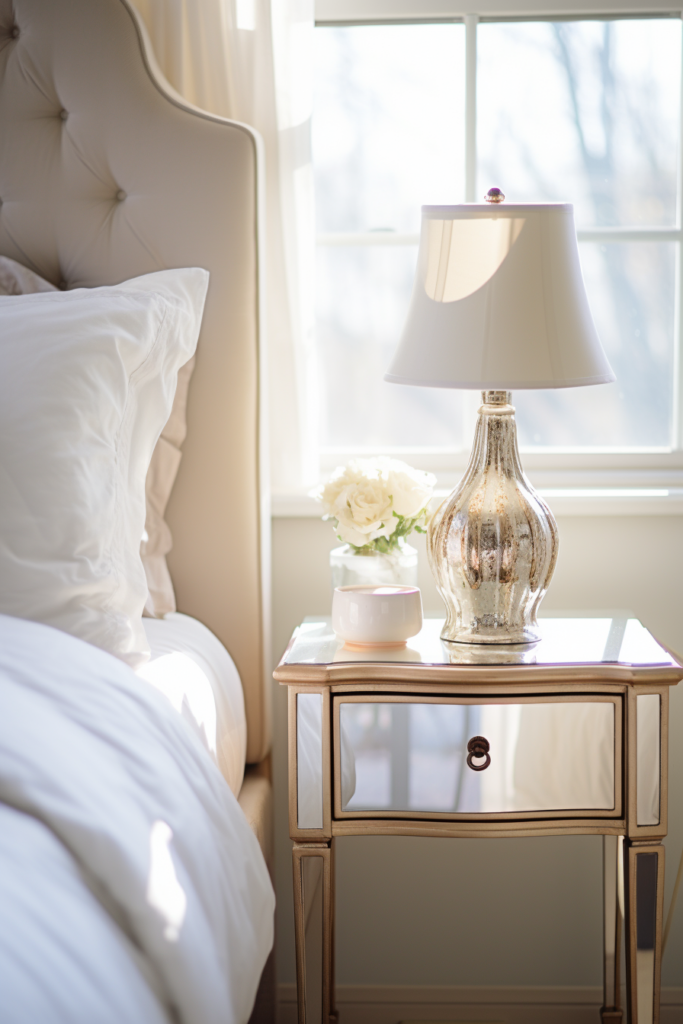 Get inspo ideas for room decor with a bed featuring a white comforter and a stylish bedside table. The aesthetic is on point!