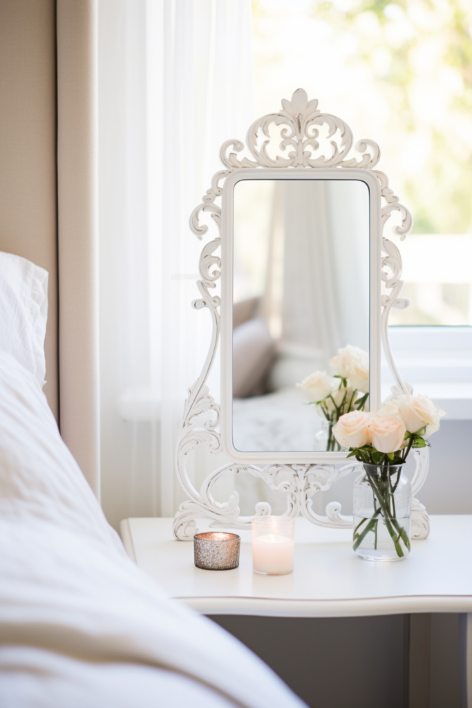 Aesthetic room decor featuring a white dresser adorned with a mirror and flowers.