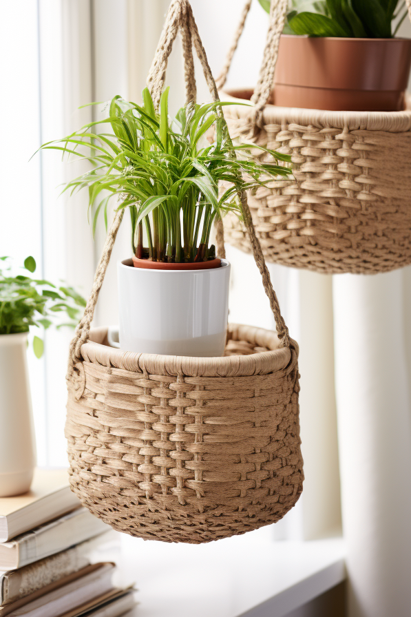 Stylish wicker baskets hanging on a window sill, providing inspo ideas for room decor.